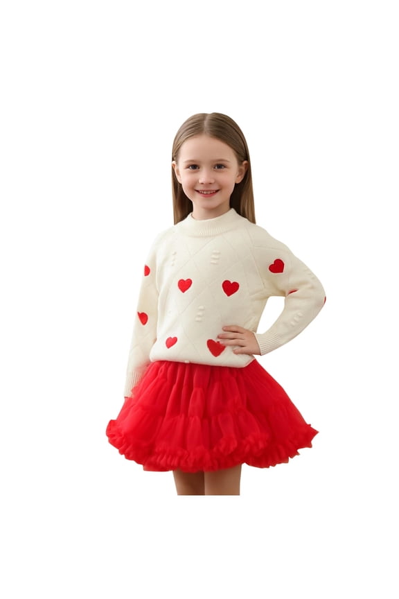 Valentine's Day Outfit for Toddler Girls Long Sleeve Heart Print Sweaters Tulle Tutu Skirt Set Kids Spring Party Clothes 1-8 Years