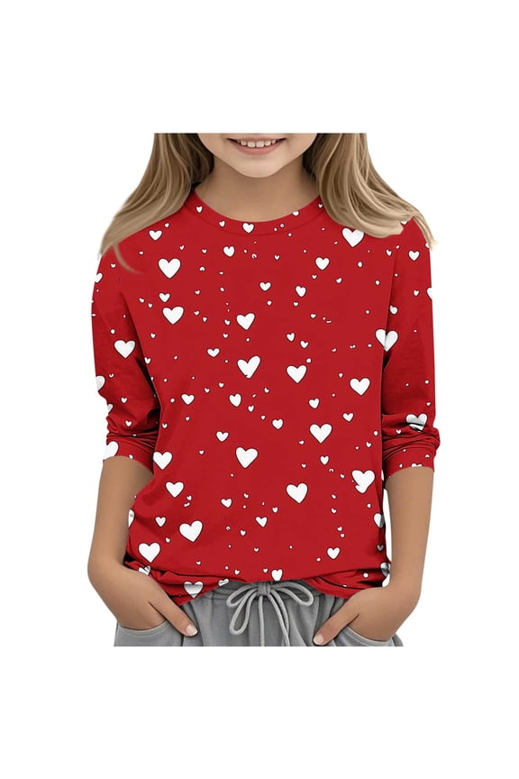 Valentine's Day Shirt for Girls Heart Graphic T-Shirts Cute Tee Valentine Gift Crewneck Tees Tops 3-12 Years