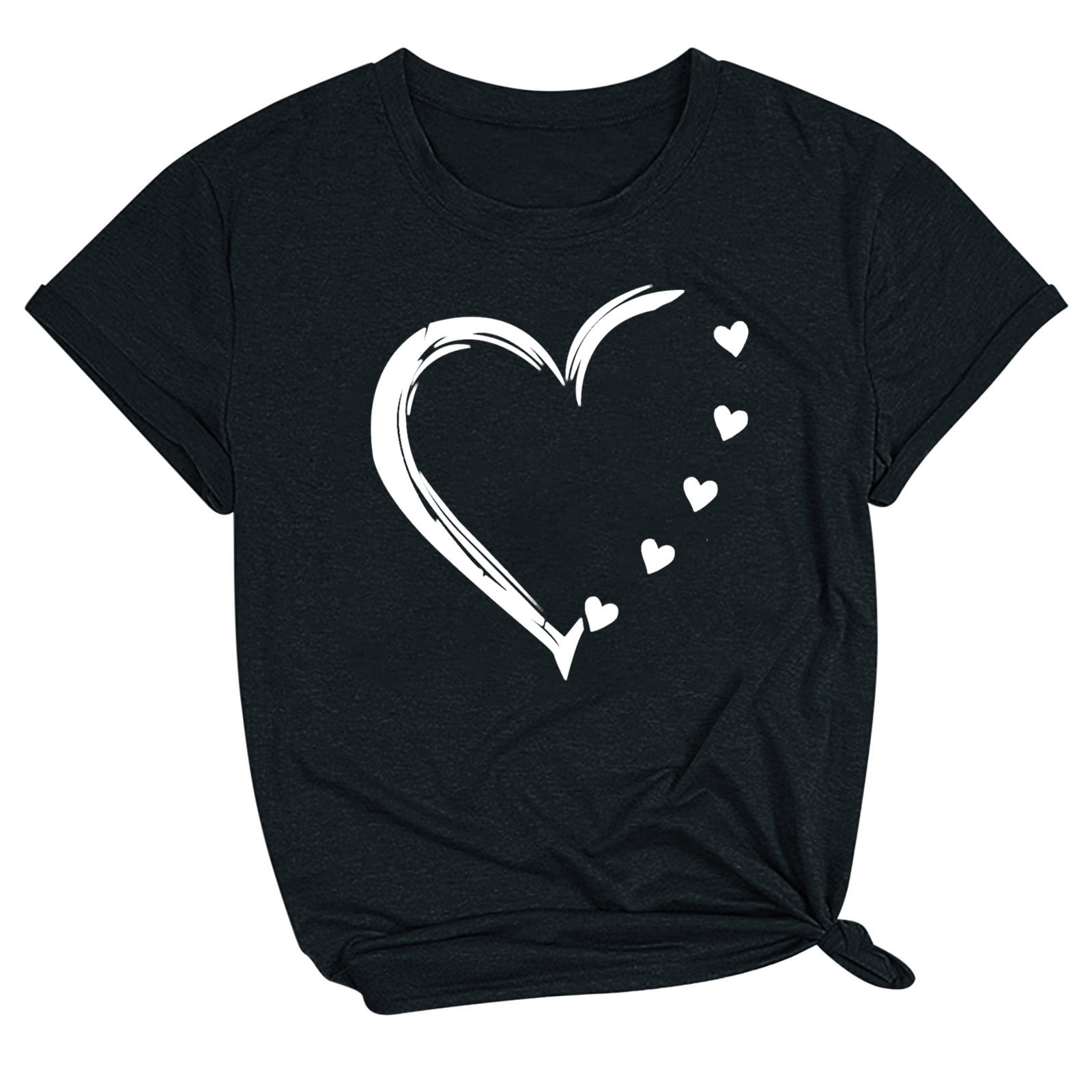 Valentine's Day Shirt for Womens Cute T-Shirt Heart Printed Shirts Short Sleeve Crewneck Graphic Tees Tops Black