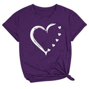 BLVB Valentines Day Shirt for Womens Cute T-Shirt Heart Printed Shirts Short Sleeve Crewneck Graphic Tees Tops Purple