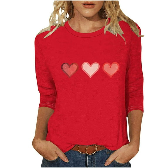 BLVB Valentines Day Shirts Women Cute Heart Shirt Casual Valentines Shirts for Women 3/4 Sleeve Crewneck Graphic Tees Tops