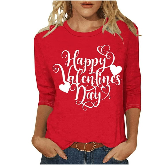 BLVB Valentines Day Shirts Women Cute Heart Shirt Casual Valentines Shirts for Women 3/4 Sleeve Crewneck Graphic Tees Tops
