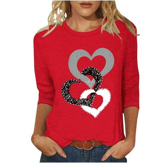 BLVB Valentines Day Shirts Women Cute Heart Shirt Casual Valentines Shirts for Women 3/4 Sleeve Crewneck Graphic Tees Tops
