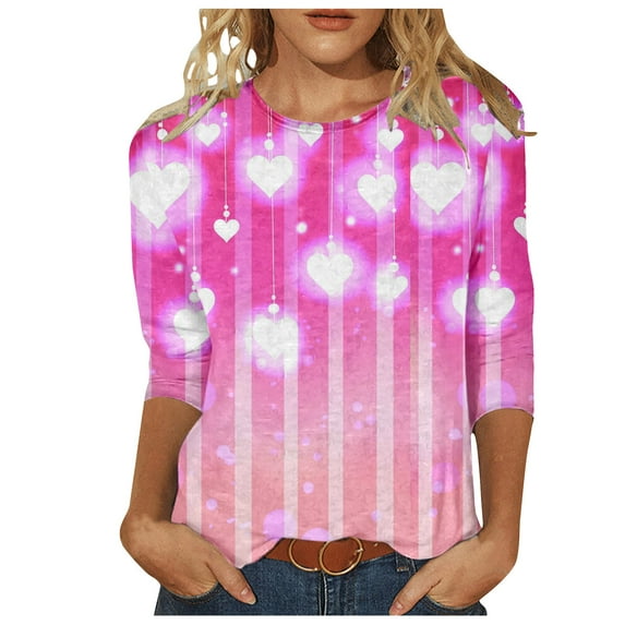 BLVB Valentines Day Shirts Women Heart Graphic Valentines Day T Shirts 3/4 Sleeve Casual Crewneck Tops Blouses