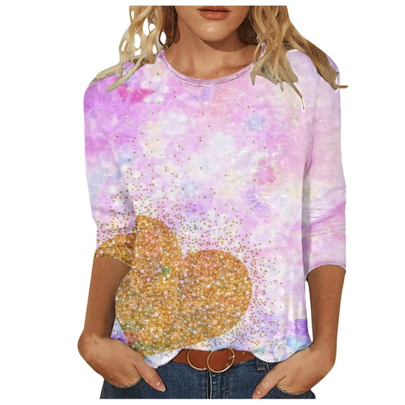 BLVB Valentines Day Shirts Women Heart Graphic Valentines Day T Shirts 3/4 Sleeve Casual Crewneck Tops Blouses