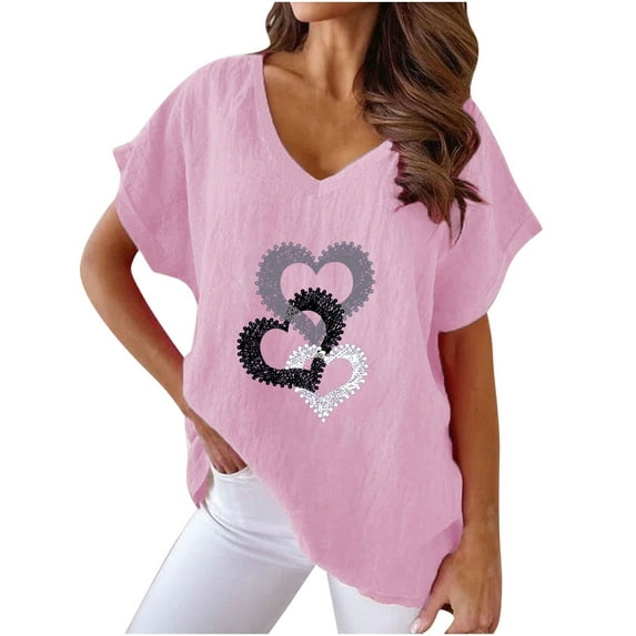BLVB Valentines Day Shirts Women V Neck Cotton Linen T Shirts Casual Loose Summer Tops for Women Short Sleeve Blouse