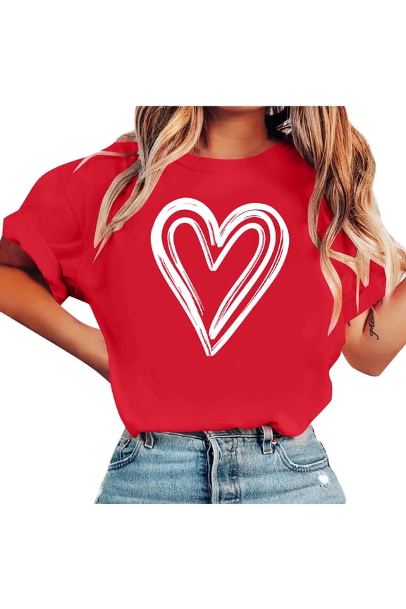 Valentines Shirts for Women Cute Love Heart Shirt Valentine T Shirt Red Short Sleeve Crewneck Casual Hearts Tops