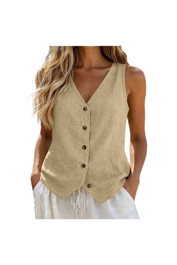 Vest Tops for Women Summer Cotton Linen Sleeveless Dressy Casual Button down V Neck Waistcoat Vests