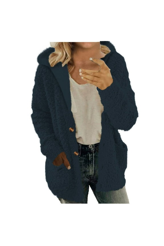 Warm Fleece Sherpa Jackets for Women Fuzzy Hooded Casual Coats Ladies Cardigan Sweaters Outerwear with Pockets