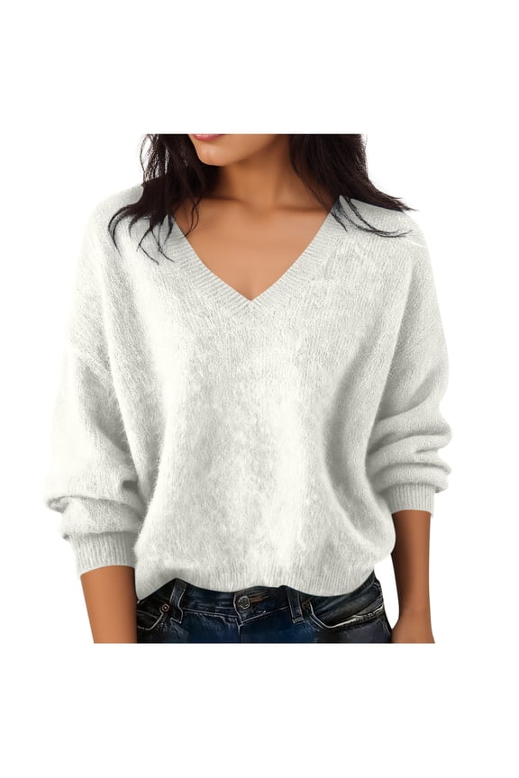 Warm Sweaters for Women V Neck Classic Soft Pullover Cozy Sweater Loose Casual Long Sleeve Fall Winter