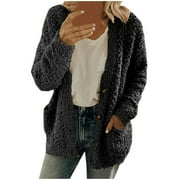 BLVB Warm Winter Coats for Womens Casual Plus Size Fleece Open Front Button down Long Sleeve Jacket Outerwear