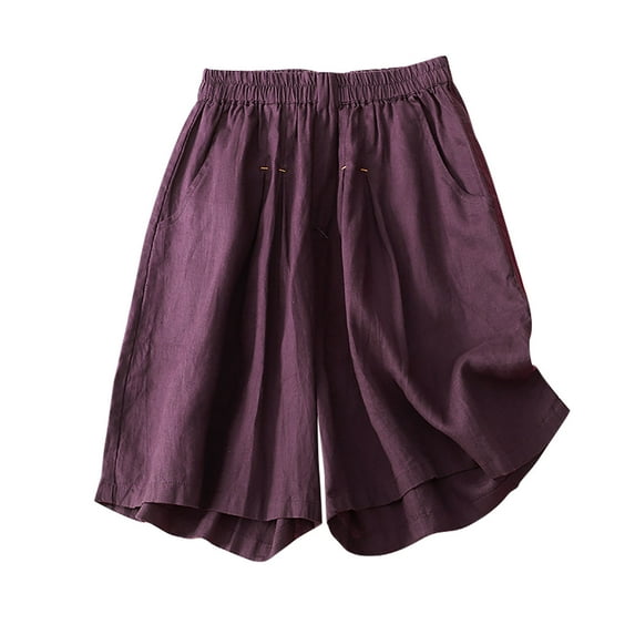 BLVB Wide Leg Cotton Linen Shorts for Women Elastic High Waisted Casual Loose Baggy Beach Lounge Pocketed Shorts