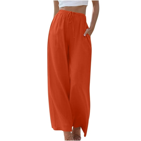 BLVB Wide Leg Pants Woman Casual High Waist Linen Palazzo Pants Summer Flowy Beach Boho Trousers with Pockets Orange