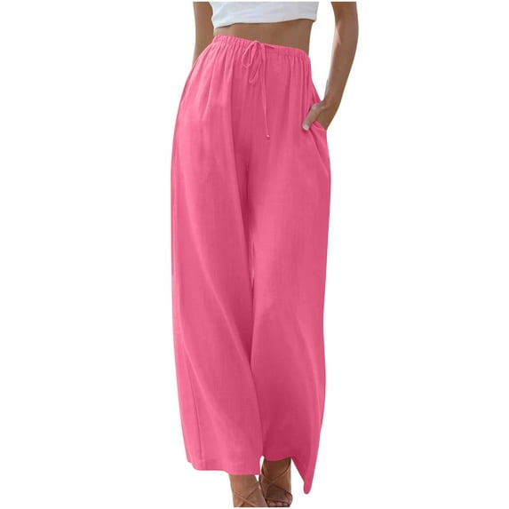 BLVB Wide Leg Pants Woman Casual High Waist Linen Palazzo Pants Summer Flowy Beach Boho Trousers with Pockets Pink