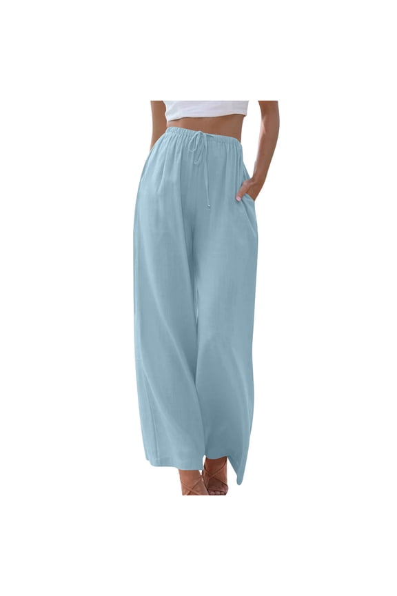 Wide Leg Pants Woman Casual High Waist Linen Palazzo Pants Summer Flowy Beach Boho Trousers with Pockets Sky Blue