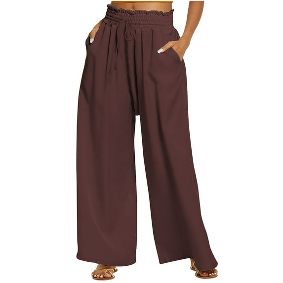 BLVB Wide Leg Pants for Women Elastic High Waist Palazzo Lounge Pants Casual Loose Drawstring Trousers with Pockets