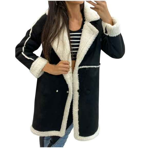 BLVB Winter Coats for Women Trendy Lapel Thicken Fleece Lined Warm Jackets Long Sleeve Fuzzy Cozy Outerwear