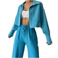 thumbnail image 1 of BLVB Women 2 Piece Cotton Linen Sets Button Down Cropped Shirt Jacket and Wide Leg Long Pants Set Fall Tracksuits, 1 of 6