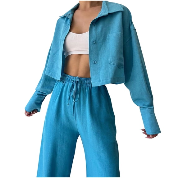 BLVB Women 2 Piece Cotton Linen Sets Button Down Cropped Shirt Jacket and Wide Leg Long Pants Set Fall Tracksuits