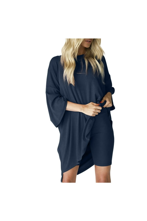 Women 2 Piece Outfit Sets Oversized T-Shirt Tops Biker Shorts Casual Loungewear Workout Sports Tracksuit Set