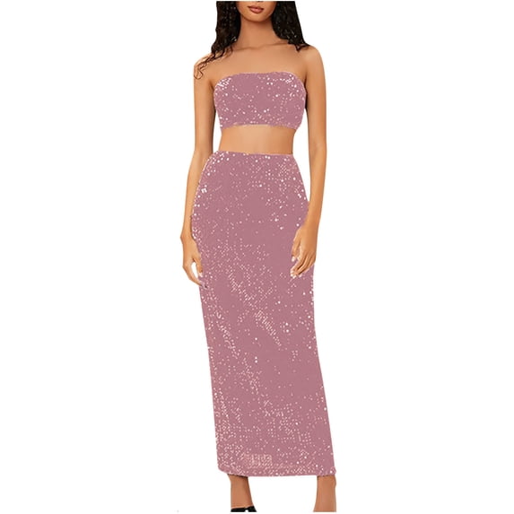 BLVB Women 2 Piece Outfits Sequin Long Maxi Skirt Sparkly Crop Bandeau Tube Top Glitter Set Clubwear Party Outfits