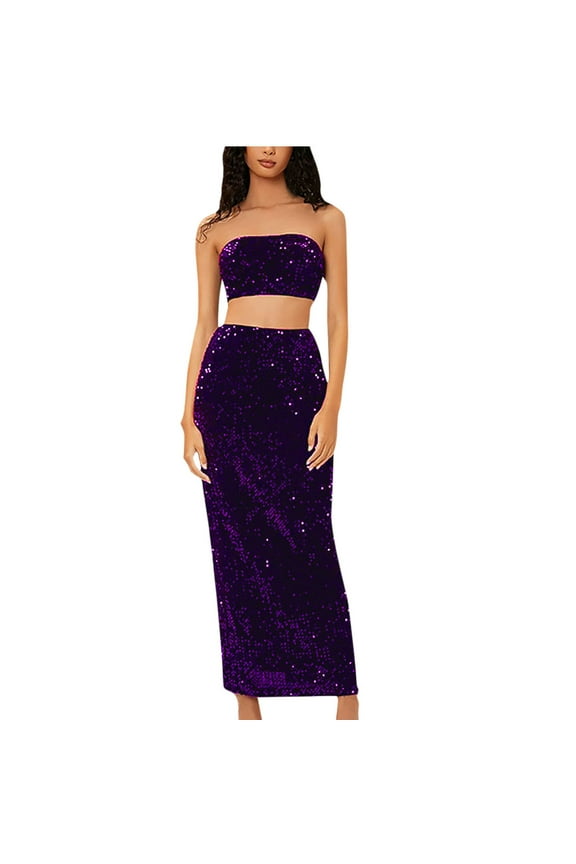 Women 2 Piece Outfits Sequin Long Maxi Skirt Sparkly Crop Bandeau Tube Top Glitter Set Clubwear Party Outfits
