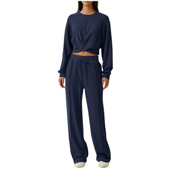 BLVB Women 2 Piece Outfits Sweatsuit Set Crossover Front Cropped Sweatshirt Wide Leg Sweatpant Lounge Set Tracksuit