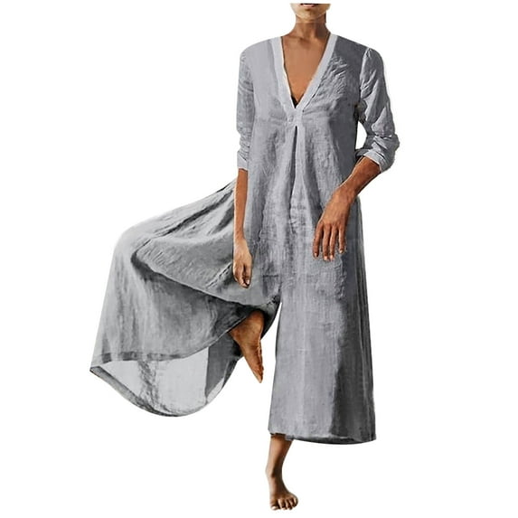 BLVB Women Cotton Linen Jumpsuit Long Sleeve V Neck Capri Culottes Pants Rompers Plus Size Womens Summer Clothes
