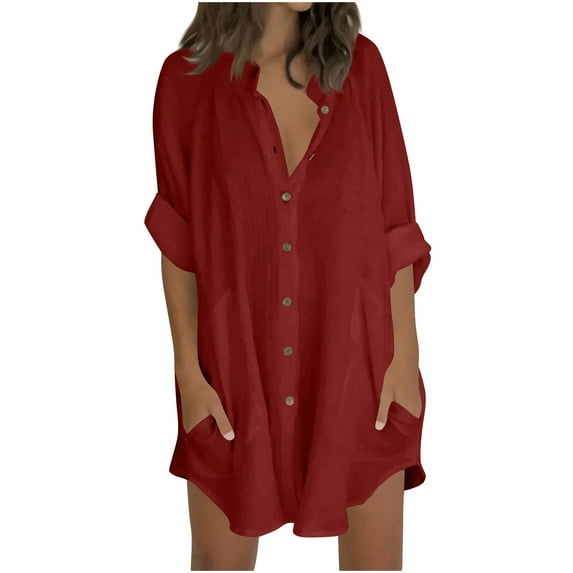 BLVB Women Boyfriend Shirts Button down Long Sleeve Blouse Dressy Casual Loose Cotton Linen Tops with Pockets