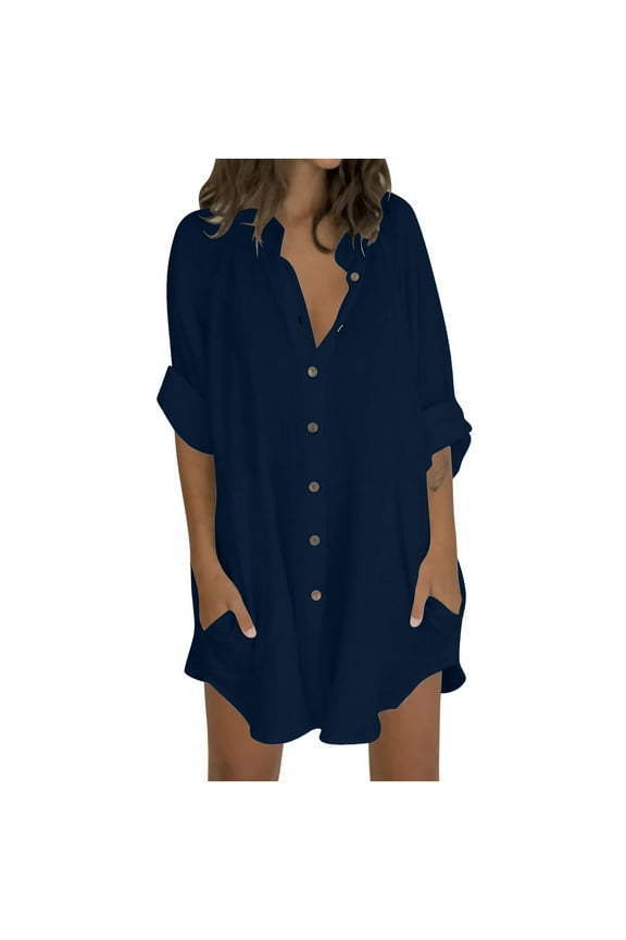 Women Boyfriend Shirts Button down Long Sleeve Blouse Dressy Casual Loose Cotton Linen Tops with Pockets