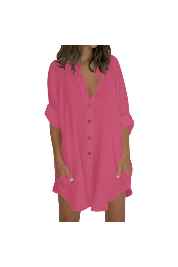 Women Boyfriend Shirts Button down Long Sleeve Blouse Dressy Casual Loose Cotton Linen Tops with Pockets