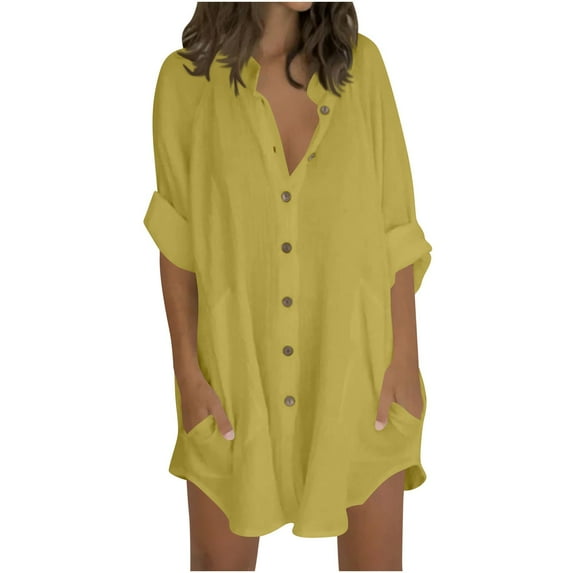 BLVB Women Boyfriend Shirts Button down Long Sleeve Blouse Dressy Casual Loose Cotton Linen Tops with Pockets