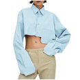 thumbnail image 1 of BLVB Women Button Down Turn Down Collar Crop Shirt Long Sleeve Loose Irregular Fashion Crop Blouse Tee Shirts Top, 1 of 7