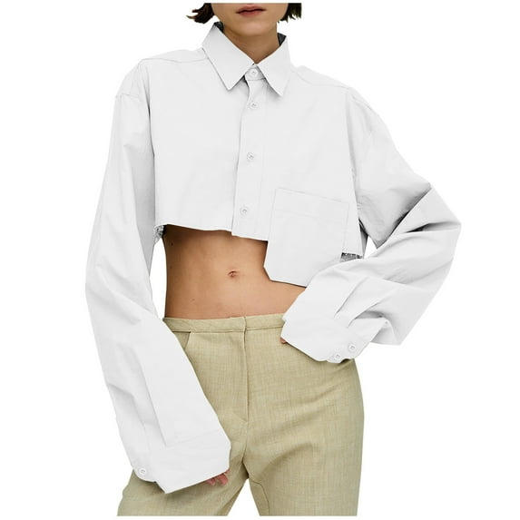 BLVB Women Button Down Turn Down Collar Crop Shirt Long Sleeve Loose Irregular Fashion Crop Blouse Tee Shirts Top