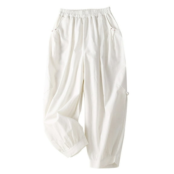 BLVB Women Capri Pants Casual Elastic High Waist Baggy Wide Leg Cotton Linen Cropped Pants Trousers for Ladies Summer