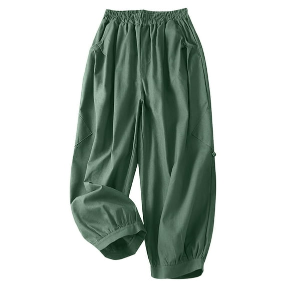 BLVB Women Capri Pants Casual Elastic High Waist Baggy Wide Leg Cotton Linen Cropped Pants Trousers for Ladies Summer