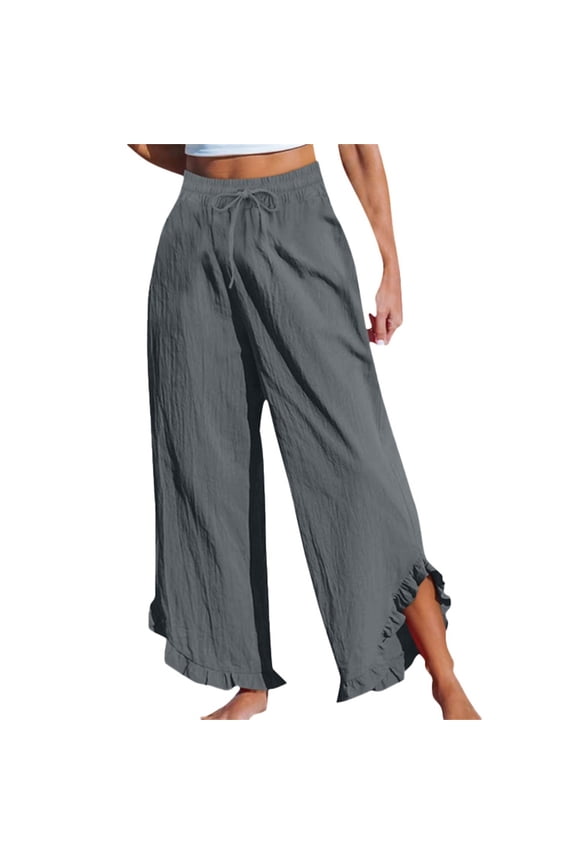 Women Capri Pants Summer Wide Leg Pants Drawstring Waist Ruffle Hem Palazzo Trousers Boho Flowy Beach Vacation Clothes