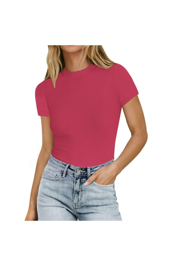 Women Casual Basic Mock Neck Top Short Sleeve Shirt Slim Fitted Ribbed Knit Business Work Shirts Blouses