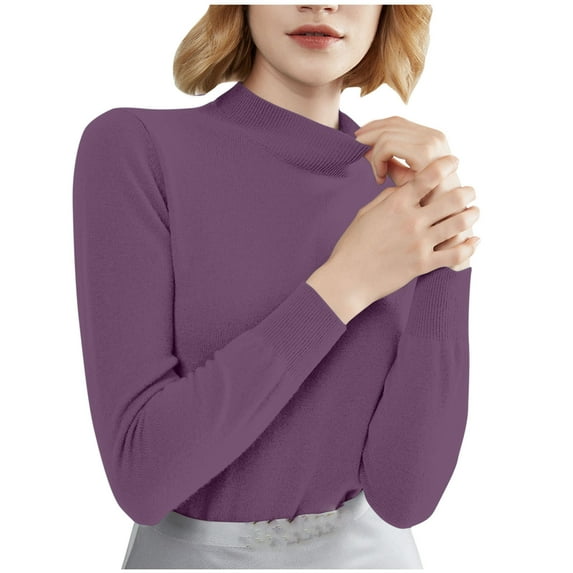 BLVB Women Casual Long Sleeve Shirts Mock Turtleneck Based Layer Tops Slim Basic Lightweight Knit Plain T-Shirts Purple
