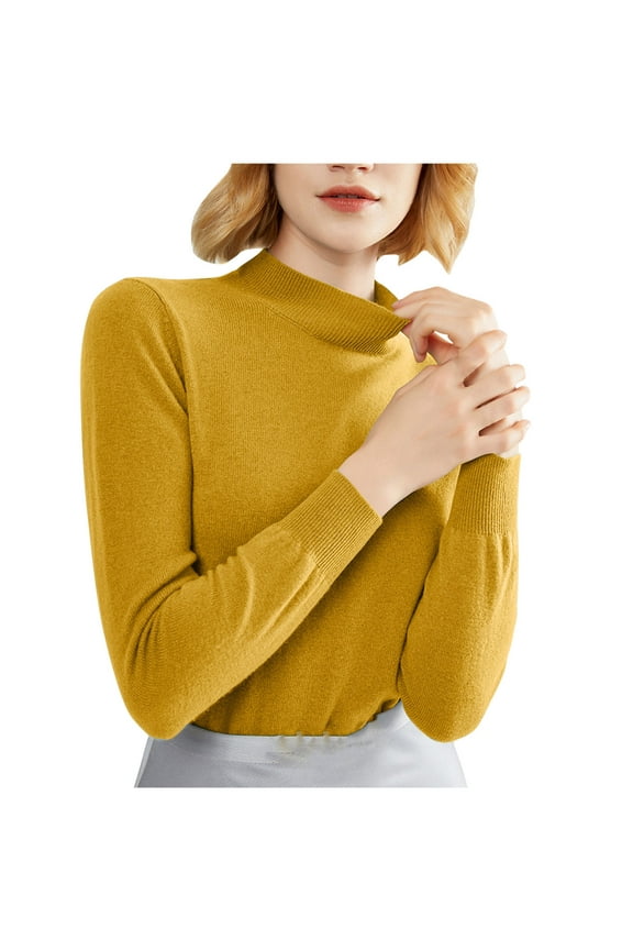 Women Casual Long Sleeve Shirts Mock Turtleneck Based Layer Tops Slim Basic Lightweight Knit Plain T-Shirts Yellow
