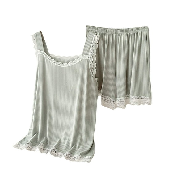 BLVB Women Cozy Pajama Set Lace Trim Lounge Pj Set V Neck Sleeveless Tank Tops with Shorts Sleepwear Nightwear