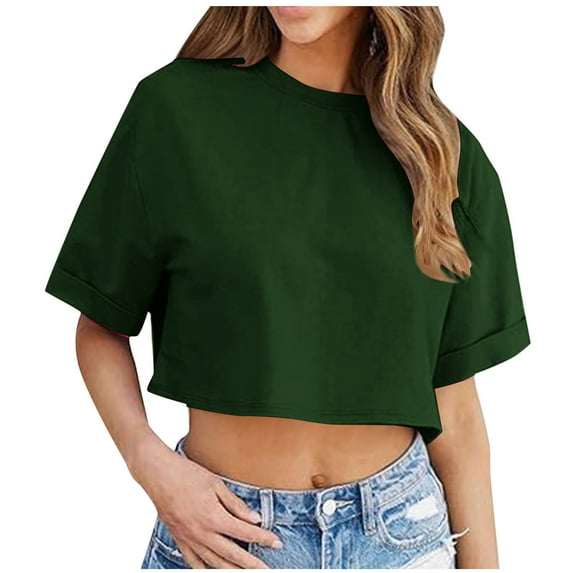 BLVB Women Crop T-Shirts Half Sleeve Drop Shoulder Round Neck Cropped Tops Casual Summer Solid Color Basic Tees