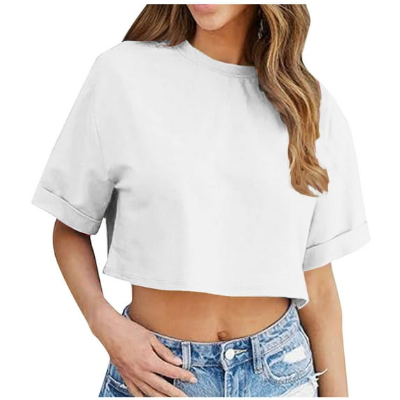 BLVB Women Crop T-Shirts Half Sleeve Drop Shoulder Round Neck Cropped Tops Casual Summer Solid Color Basic Tees