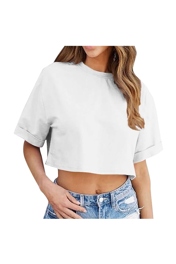 Women Crop T-Shirts Half Sleeve Drop Shoulder Round Neck Cropped Tops Casual Summer Solid Color Basic Tees