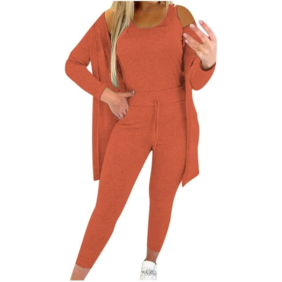 BLVB Women Fall Casual 3 Piece Outfits Tank Crop Long Sleeve Cardigan Stretchy Tights Pants Matching Sets Loungewear