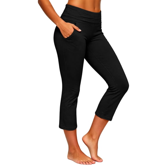 BLVB Women Fold over Capri Pants Low Rise Workout Yoga Leggings Stretch Soft Lounge Cropped Capris with Pockets