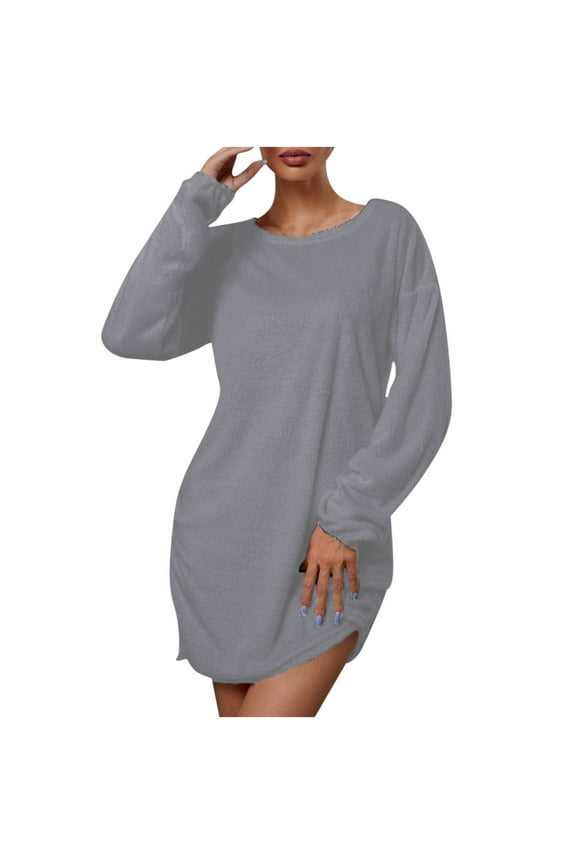 Women Fuzzy Long Sleeve Pullover Dress Crewneck Solid Color Winter Warm Cozy Fleece Mini Dress Long Tops
