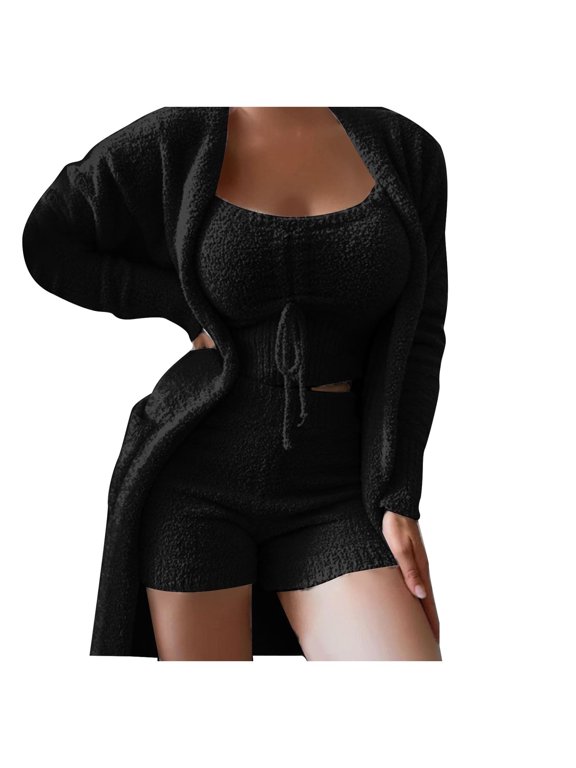 Women Ladies Fuzzy 3 Piece Lounge Sets Cami Top Short Pants Cardigan Jacket Fleece Pajamas Set Loungewear