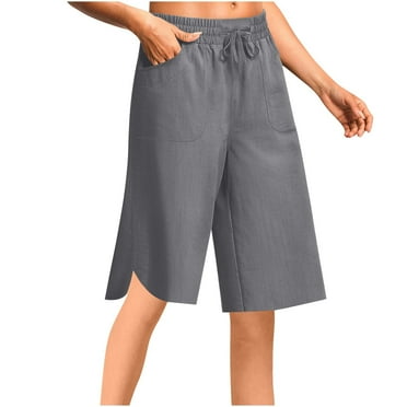 BLVB Women Lightweight Linen Capri Pants Casual Loose Elastic Waist Bermuda Shorts Summer Capris Pants with Pockets