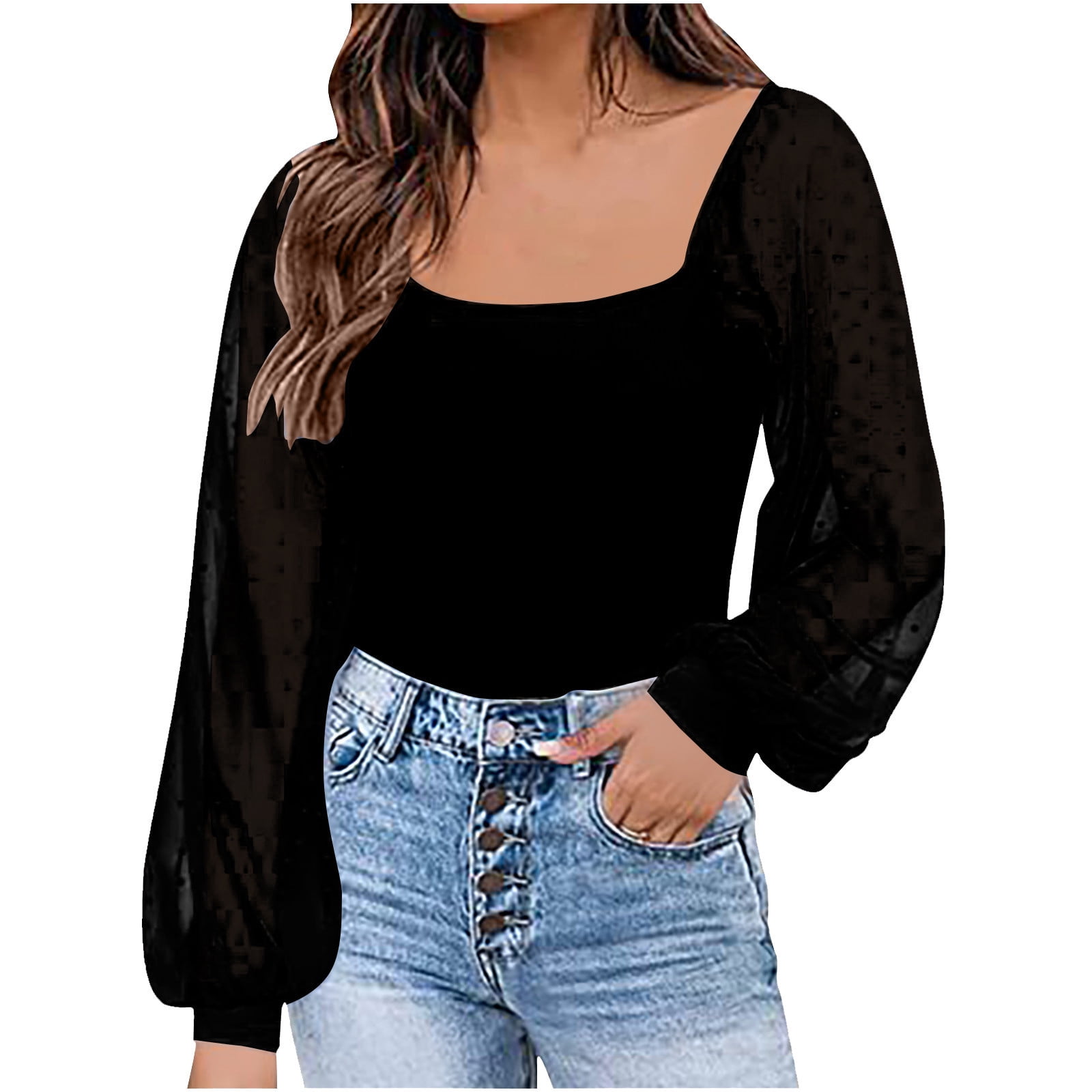 Mesh Puff Sleeve Top Black